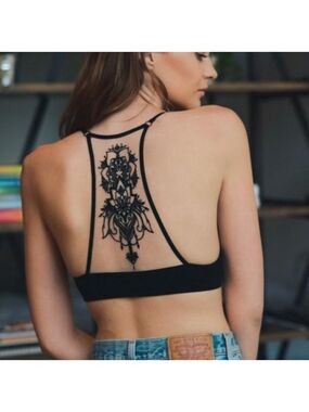 Trïbe Black Mandala Tattoo Mesh Racerback Bralette Size M/L NWT